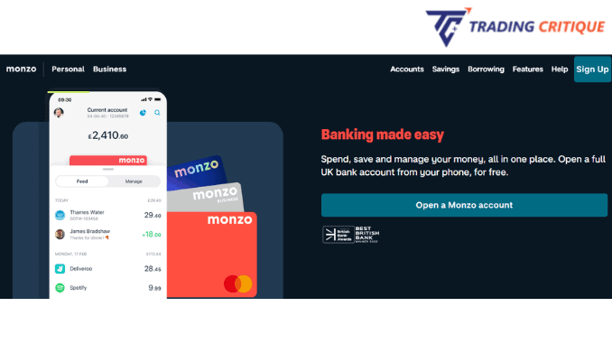 A screenshot from the home page of the Monzo website