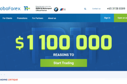 A screenshot of the home page of the RoboForex website